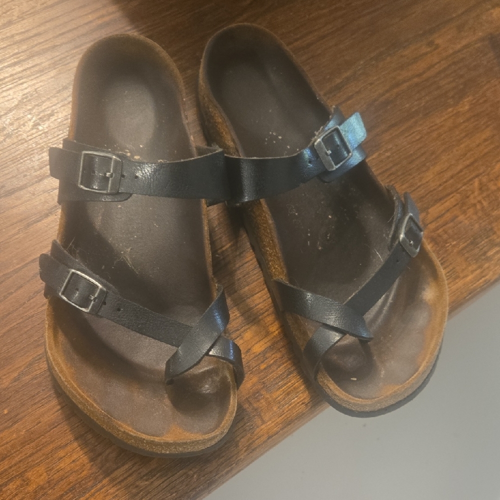 Birkenstock Black Leather Two-Strap Slide Sandals